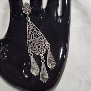 Vintage Estate Long Art Deco 925 Sterling Silver and Marcasite Earrings C3
